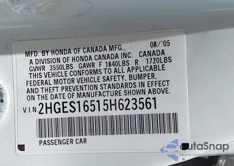 2005 Honda Civic Lx из США, поврежденный, VIN 2HGES16515H623561